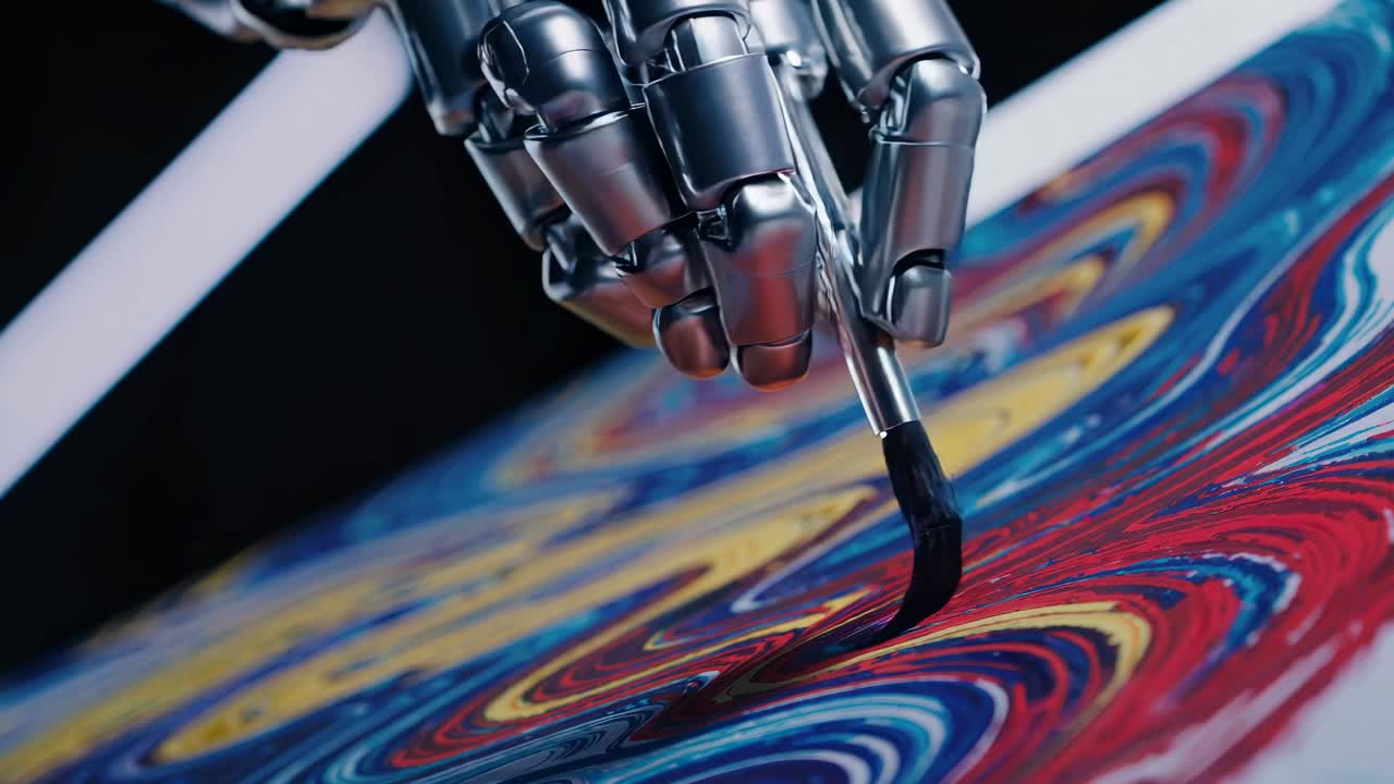 Close-up of a robotic hand painting vibrant swirls, showcasing technology and creativity