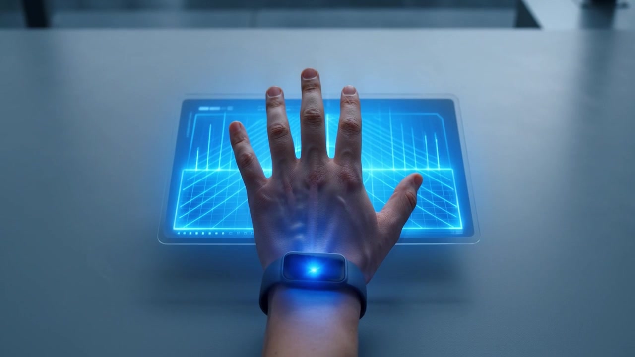 Human Hand with Smart Device Interacting with Holographic Display