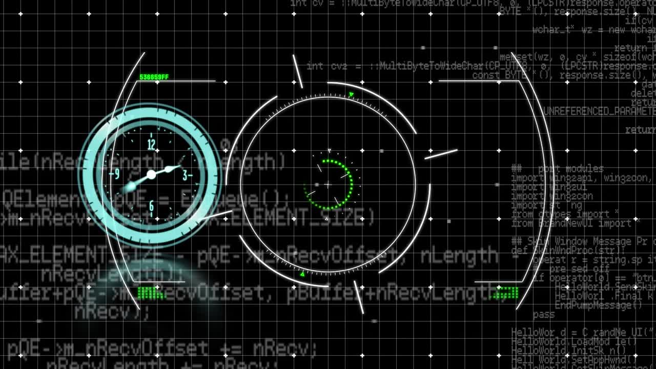 Animation of clock ticking over scope scanning and data processing on grid