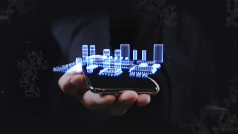 animation of digital model spinning over smartphone screen held by businessman