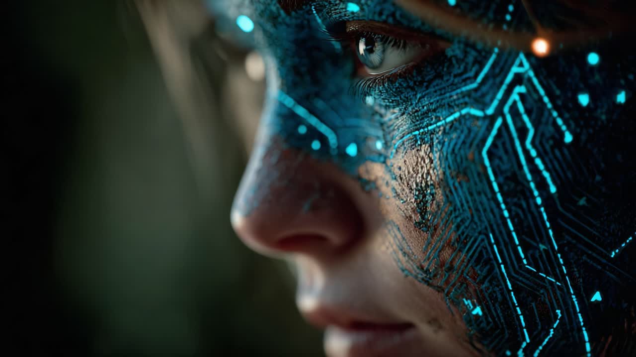 Un primo piano intrigante di una persona con un design del viso futuristico, caratterizzato da motivi complessi e circuiti luminosi che rappresentano l'integrazione di tecnologie avanzate