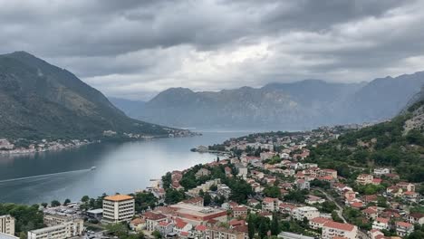 Aerial-panoramic-view-of-the-Bay-of-Kotor-surrounded-by-mountains,-Montenegro