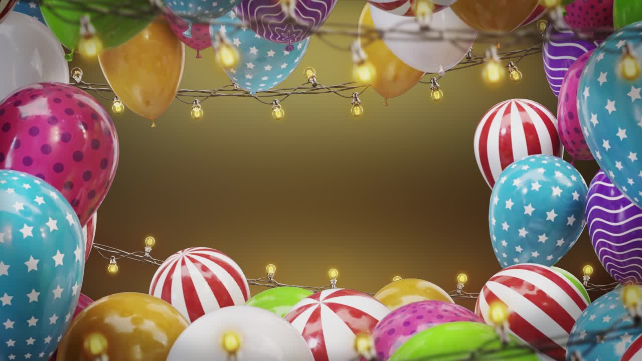 3d render frame of colorful balloons with bulbs hanging on a wire