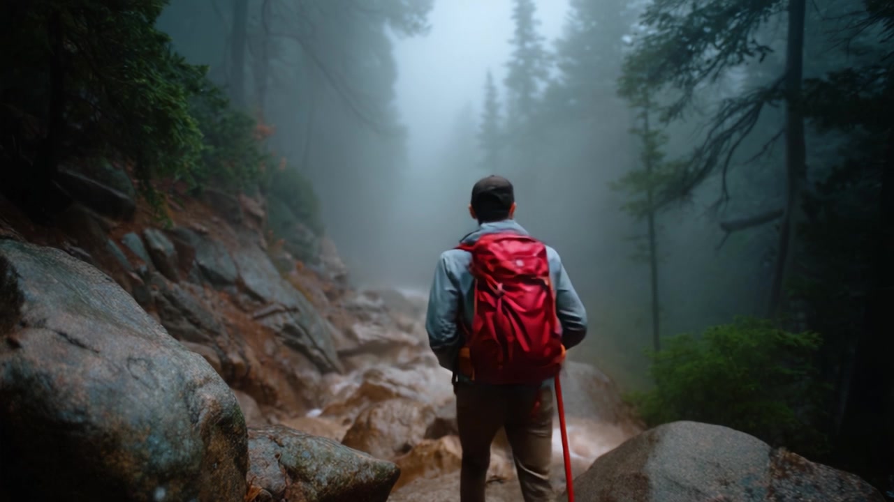 Un excursionista solitario recorriendo un sendero montañoso neblinoso, rodeado de exuberantes árboles de hoja perenne y terreno rocoso, abrazando la belleza de la naturaleza en serenidad.