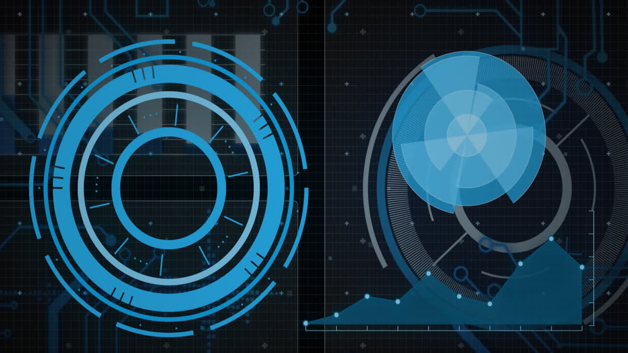 animación de la interfaz con escáneres redondos y procesamiento de datos contra un fondo negro.