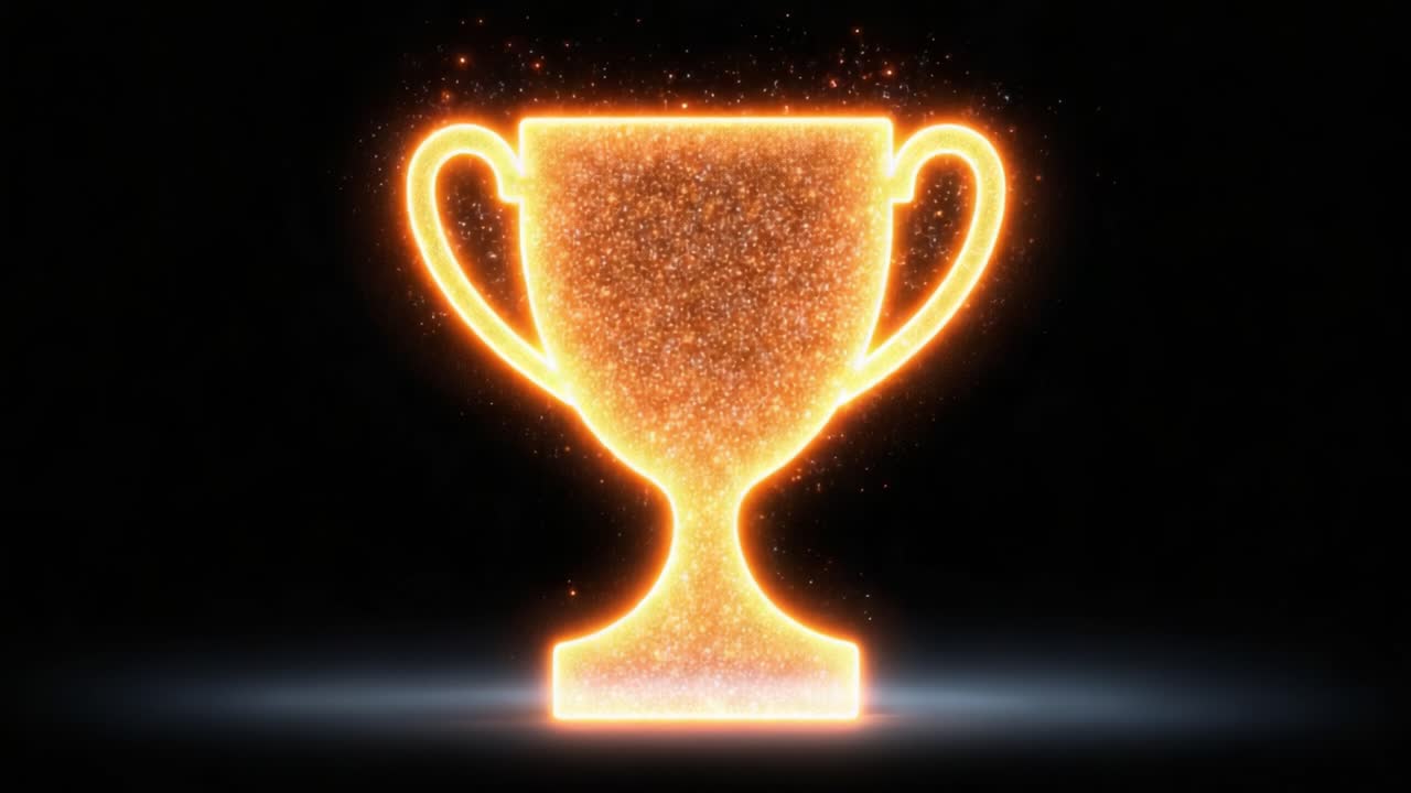 A Radiant Golden Trophy Appears as Sparkling Particles Coalesce into a Glorious Symbol of Achievement and Victory in a Dramatic Display of Light