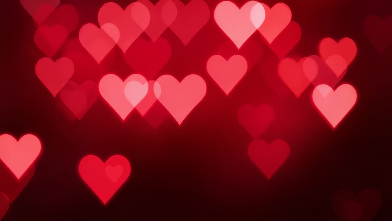 Gruppo di bokeh a forma di cuore fluttuante che si espande con cuori che entrano nell'inquadratura su uno sfondo rosso intenso che crea profondità