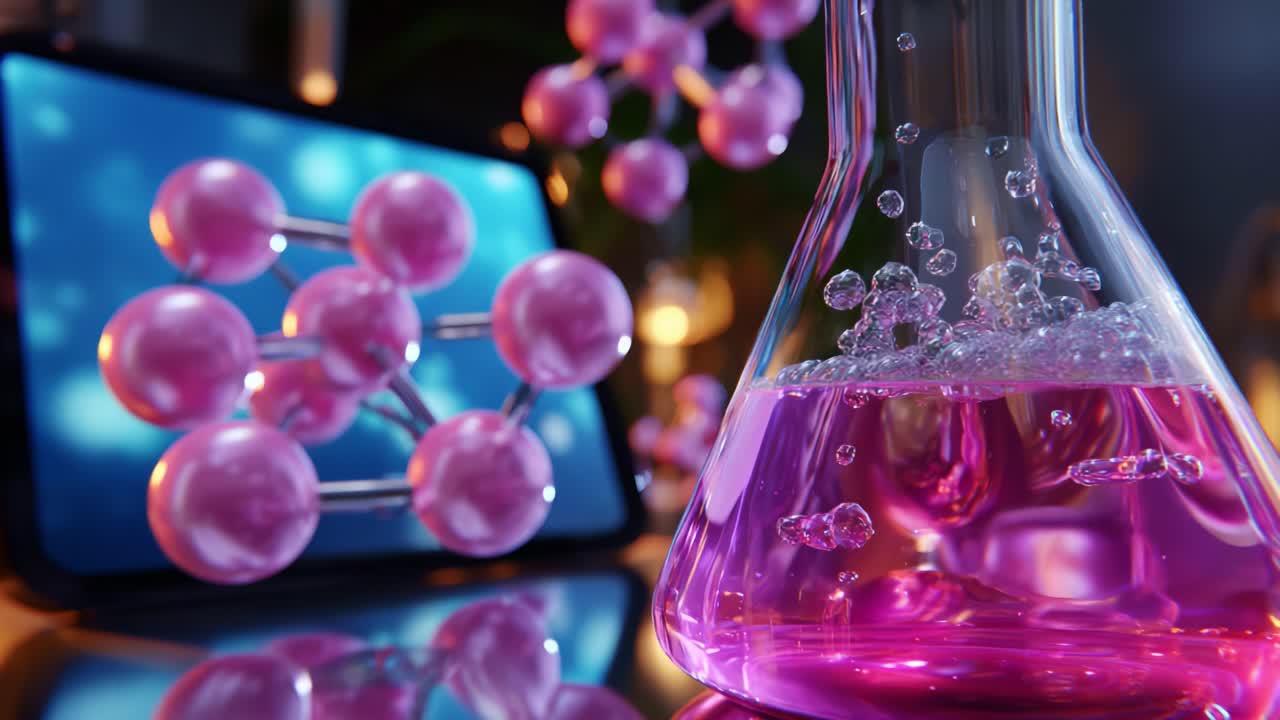 Captivating Chemistry Experiment Featuring a Vibrant Flask with Pink Liquid, Bubbling Fizz, and Molecular Structures in the Background, Illustrating the Fascinating World of Science Discovery and Exploration