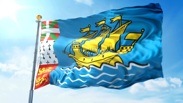 Saint Pierre and Miquelon flag seamless looping 3D rendering video. Beautiful textile cloth fabric loop waving
