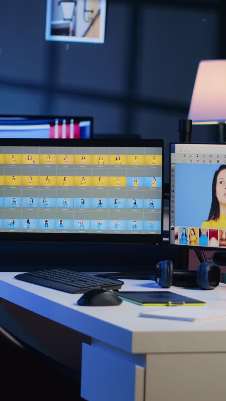 Interfaccia del software di elaborazione foto per video verticali sugli schermi di computer nello studio di un'agenzia creativa