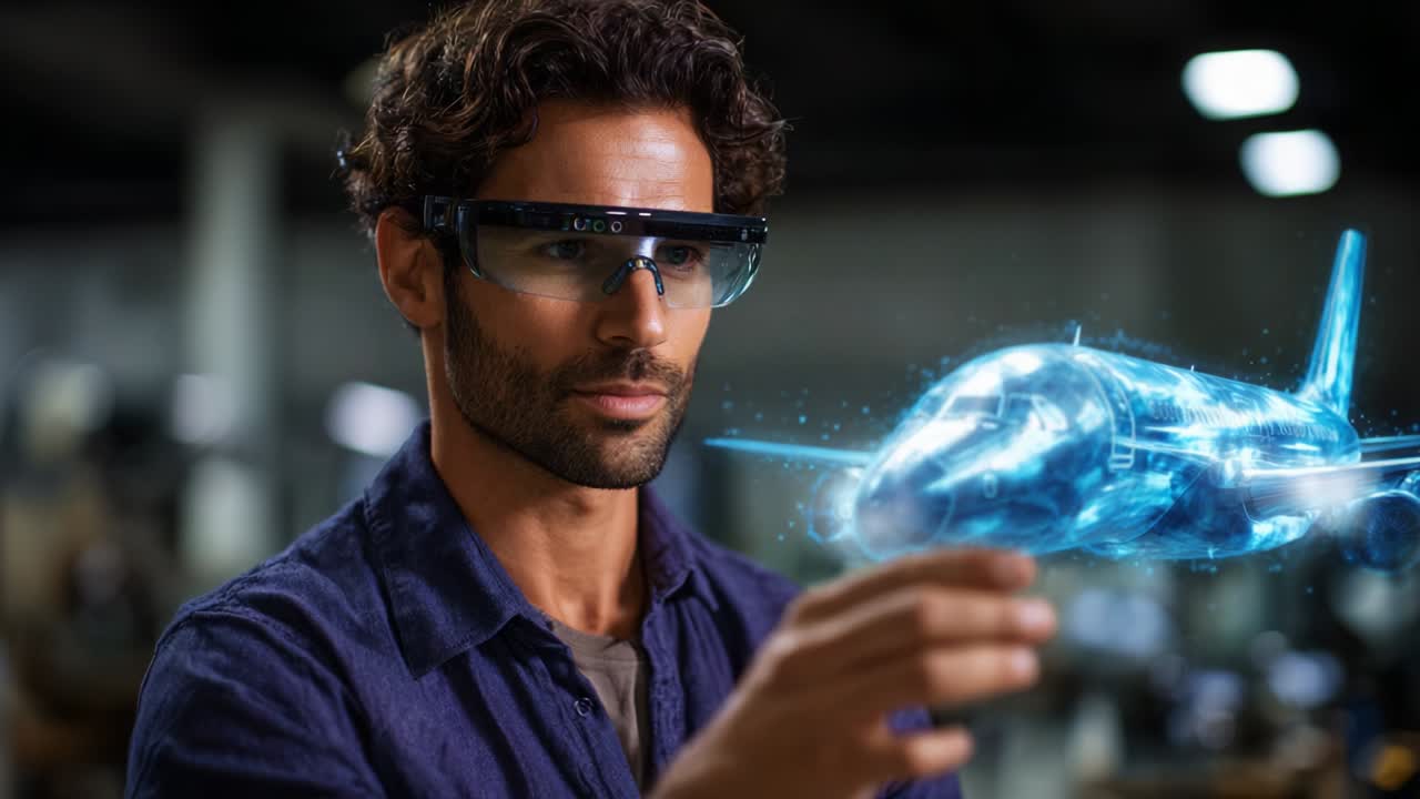 A Man Interacts with Advanced Augmented Reality Glasses Displaying a 3D Model of an Airplane, Showcasing Technology in Aviation and Engineering Environments with Stunning Visuals and Precision