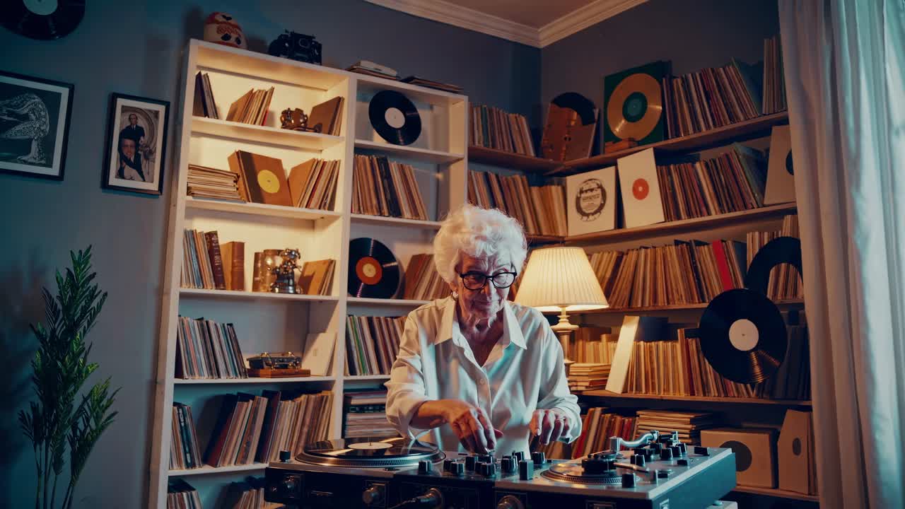 Ältere Frau legt in einem gemütlichen Raum voller Schallplatten auf