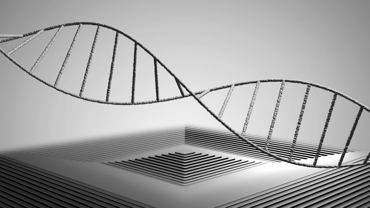 하 사각형 위에 회전하는 dna 가닥의 애니메이션