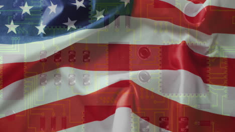 animación de una placa de circuito de computadora con procesamiento de datos y bandera de los estados unidos