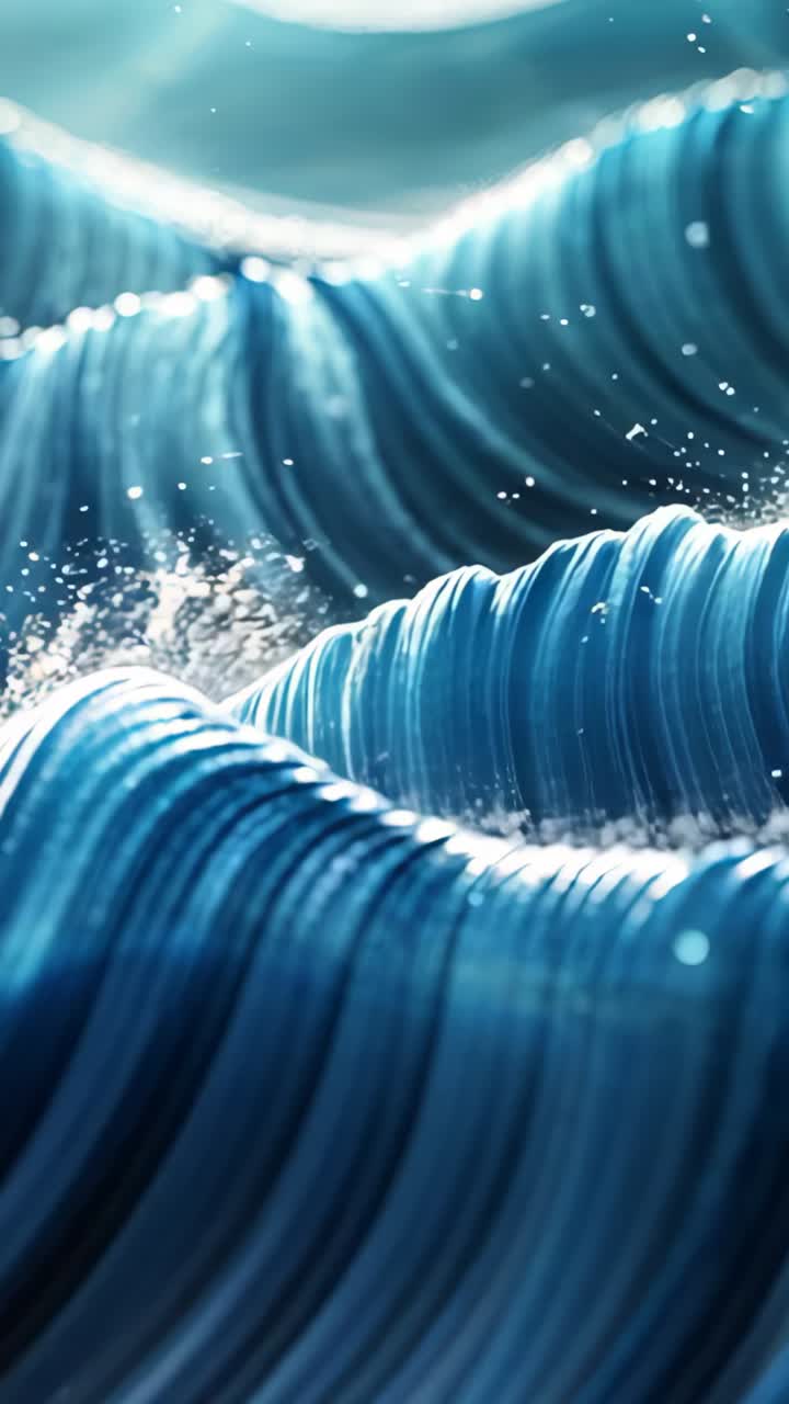 Vertical video: Loop starting stylized blue wave crest rising in digital sea, with water droplets