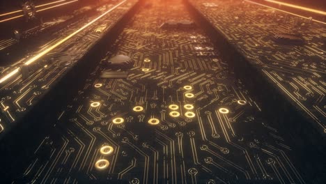 bucle 3d de una placa base con microchips, transistores y semiconductores
