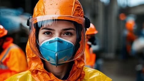 a woman wearing a protective suit and a face mask