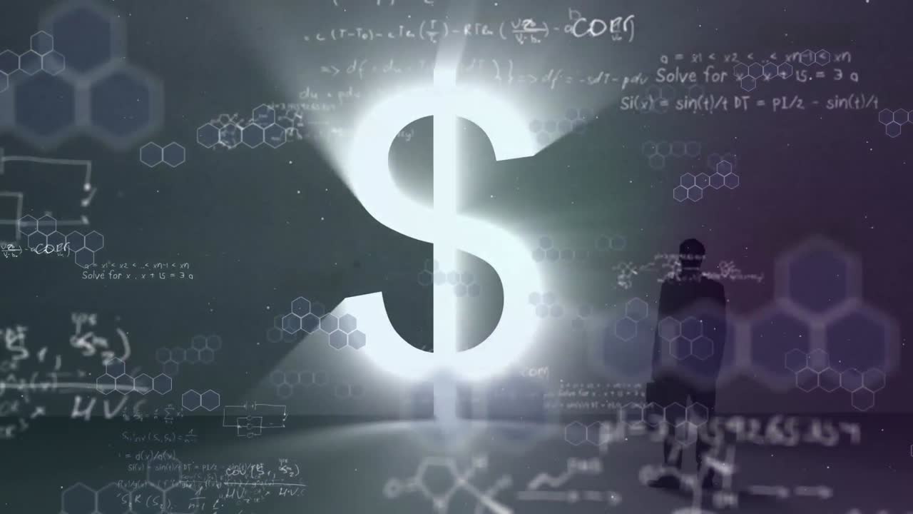animación de una silueta de un hombre de pie junto a un brillante signo de dólar estadounidense sobre ecuaciones matemáticas.