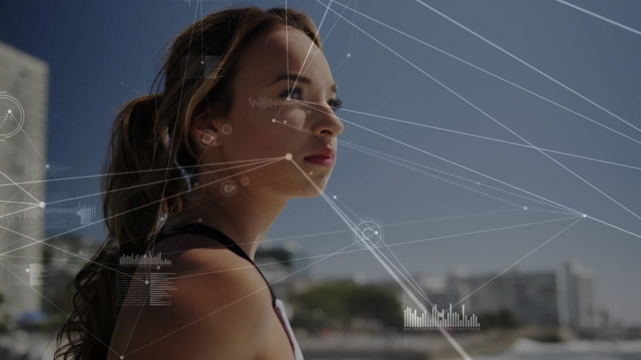 Camera framing athlete on seaside boardwalk and starting animated overlay for health monitoring
