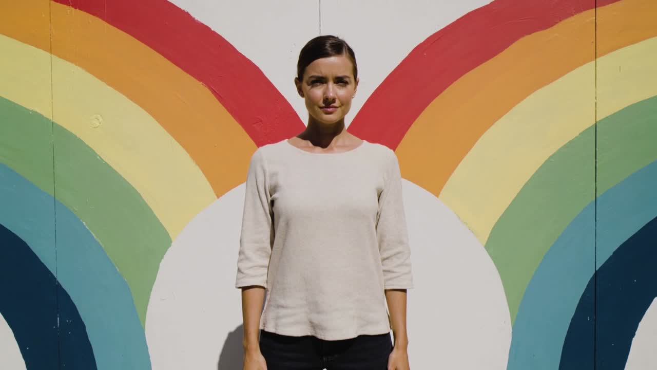 Standing woman wearing beige top, dark pants holding gaze for portrait at mural, shadow appearing