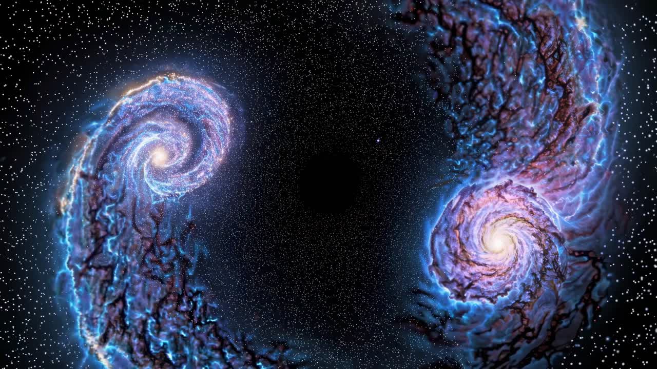 Ripresa video dall'alto di galassie turbinanti nello spazio, che mostrano la bellezza cosmica e il mistero