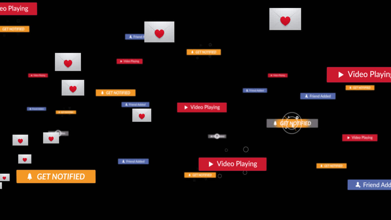 Animation of falling social media icons over black background