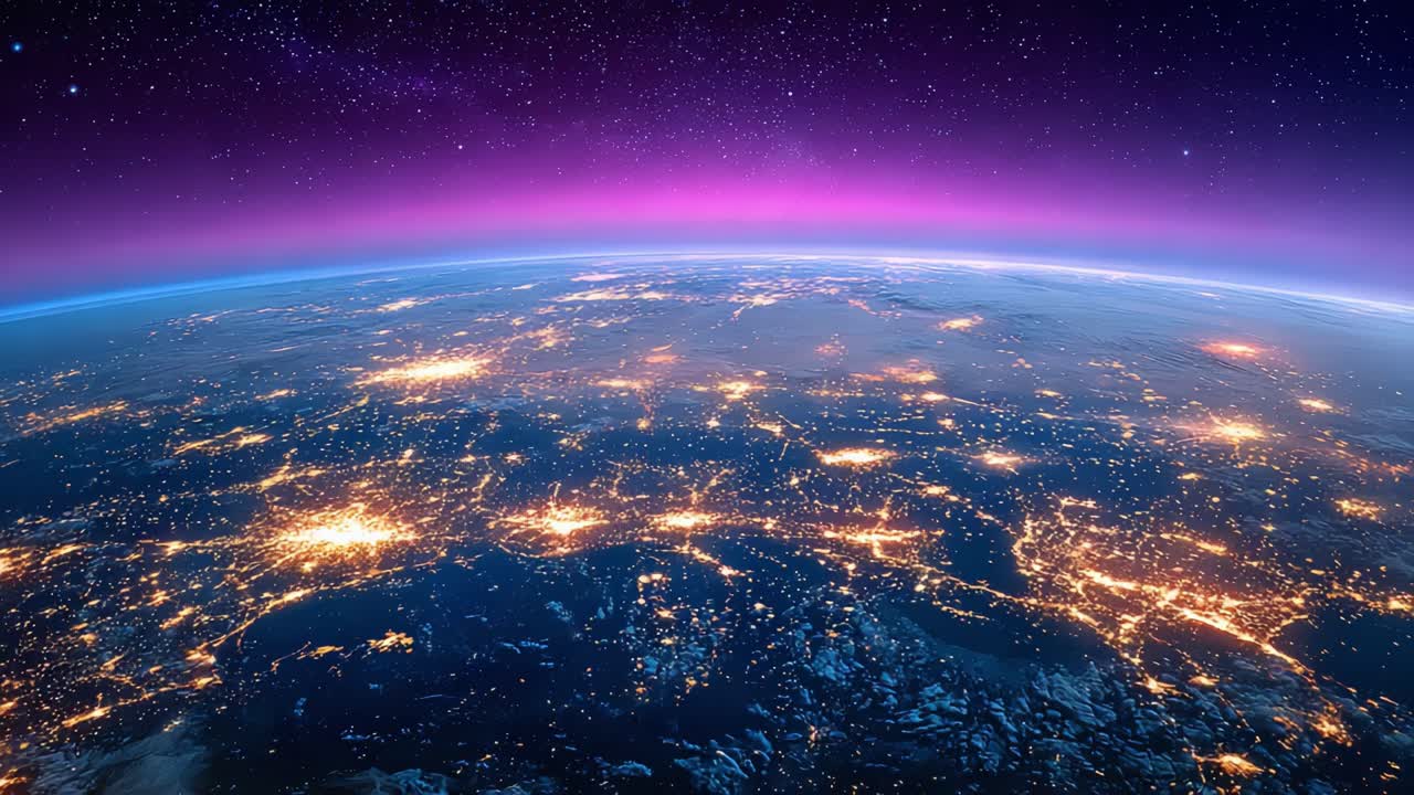 A Stunning View of Earth at Night: Capturing the Dazzling Lights of Cities Below Against a Backdrop of Stars and Cosmic Color Gradients