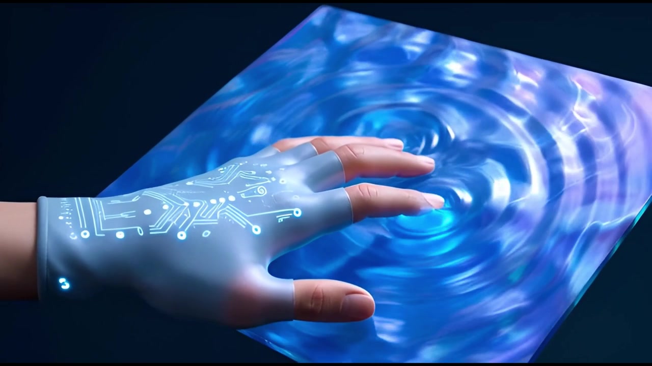 Futuristic Hand in Digital Glove Interacting with Glowing Blue Interface