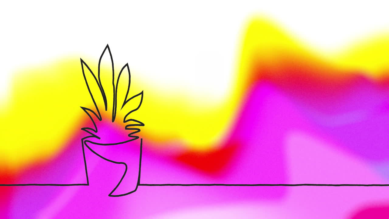 Potted plant outline over colorful abstract background animation