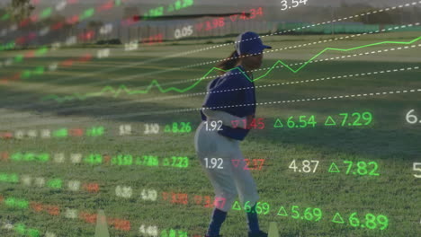 Animación-De-Datos-Del-Mercado-De-Valores-Sobre-Un-Jugador-De-Béisbol-En-El-Campo