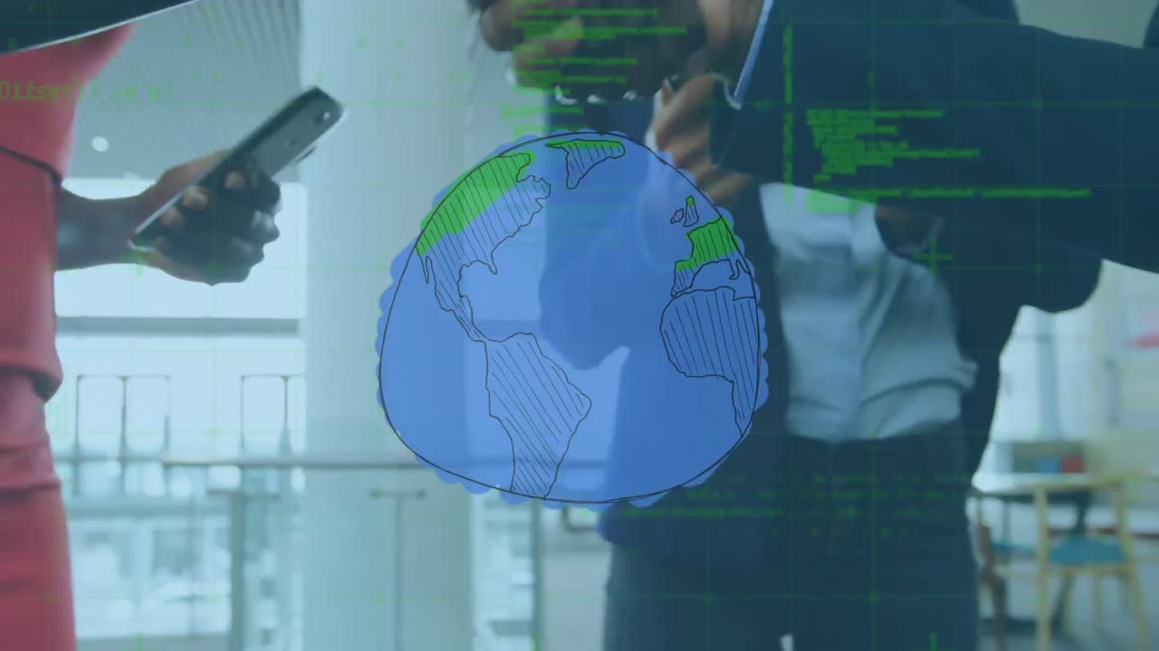 animación de globo dibujado a mano y procesamiento de datos sobre diversos colegas de negocios que se dan la mano