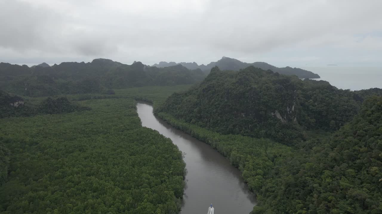 altas pistas aéreas barco de turismo en el húmedo río de montaña de la selva brumosa