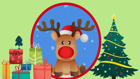 animación de renos con nariz roja, regalos, árbol de navidad