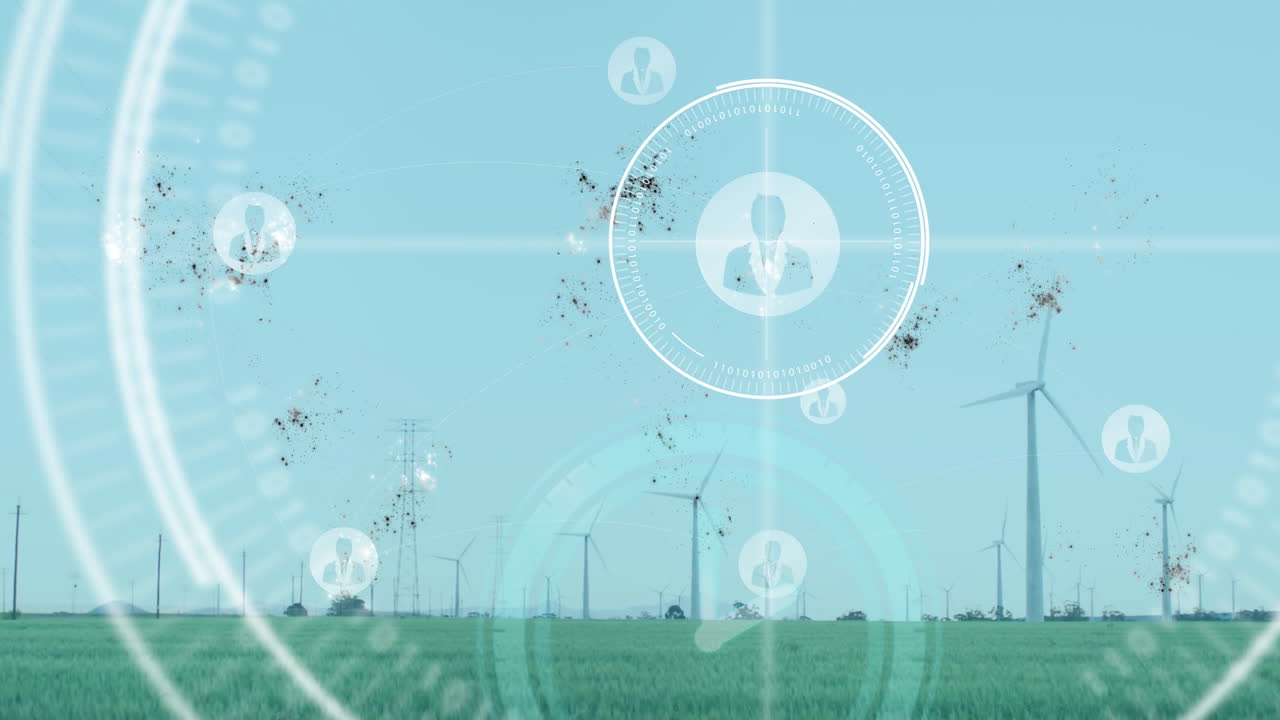 Wind turbines in field with digital network interface overlay animation
