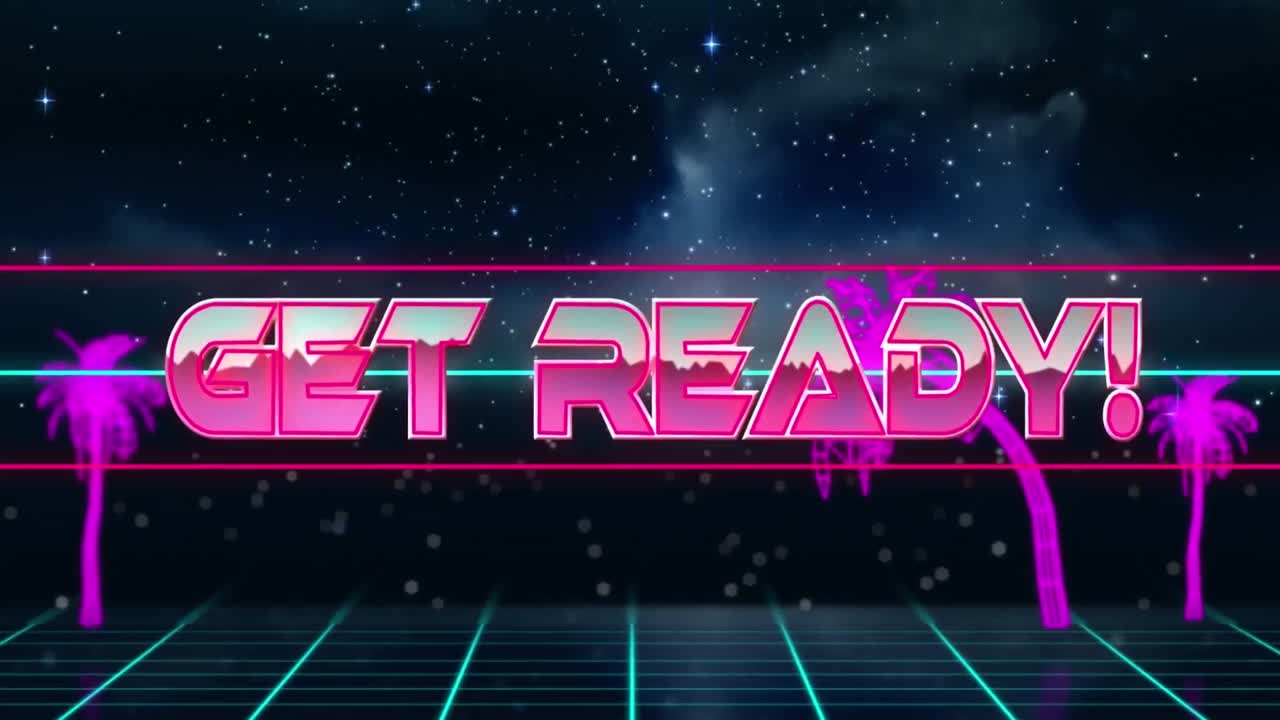 Animation of get ready text over neon lines and metaverse background