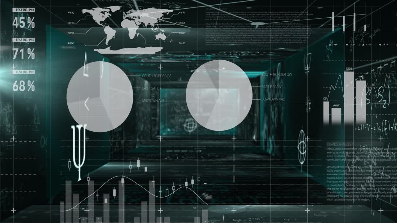 검은 바탕의 화면에서 데이터 처리의 애니메이션