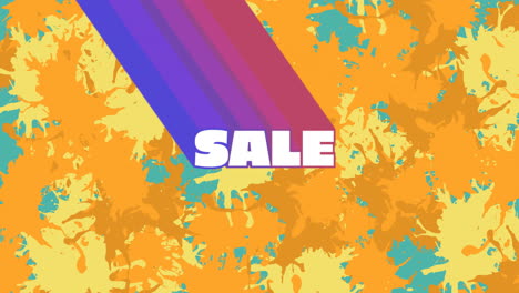 animation of sale text with blue and purple trails over green, orange and yellow paint splashes