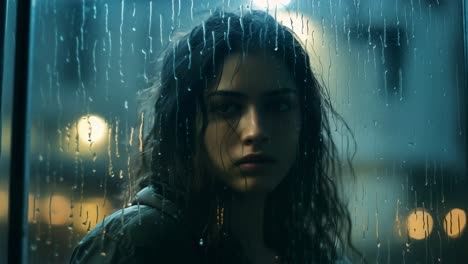 sad young woman gazing through a rainy window at night, city lights shimmering and blurred in the background, evoking a deep sense of melancholy and contemplation