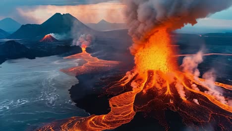 a volcano erupts with lava spewing out of it
