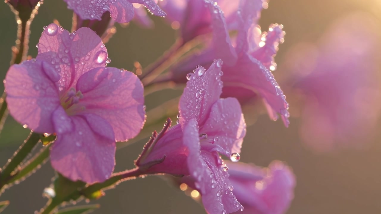 Delicati fiori rosa coperti di gocce di rugiada all'alba