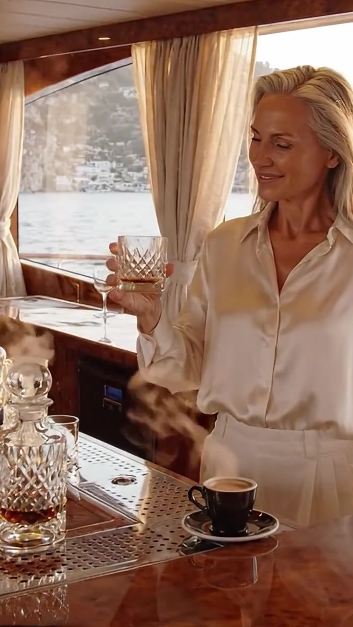 Barman elegante che prepara cocktail su uno yacht di lusso con uno sfondo acquatico panoramico, catturando l'essenza della raffinatezza e del tempo libero nell'eleganza costiera.