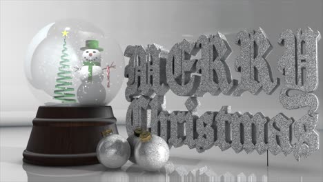un gráfico 3d cgi altamente realista, con decoraciones navideñas brillantes de plata y un globo de nieve hombre de nieve en un fondo sin costuras, con un clásico mensaje de feliz navidad en brillo plateado