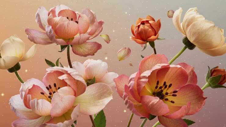 Pétale rose flottant menant à des fleurs de pêcher se révélant sur un fond de studio, formant un bouquet plus fourni.
