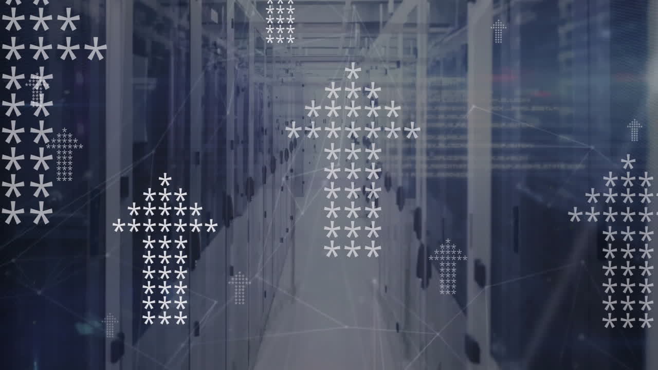 animación del procesamiento de datos y flechas sobre la sala del servidor.