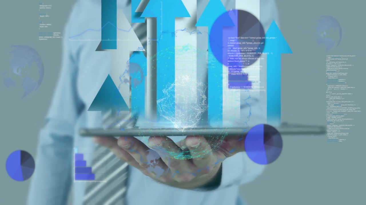 sosteniendo una tableta, una persona de negocios con animación de análisis de datos sobre gráficos azules