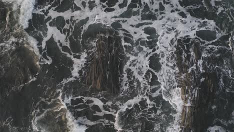 Sea-foam-and-waves-curling-around-two-exposed-rocks-at-sunrise-AERIAL-TOP-DOWN