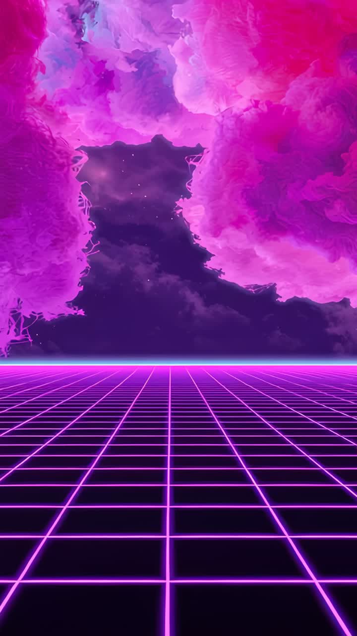 Vertical video: Loop starting, magenta neon grid and clouds parting in retro, revealing starry sky