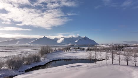 drone view of snow-covered trees, frozen lake, and icelandic mountains under a bright blue sky