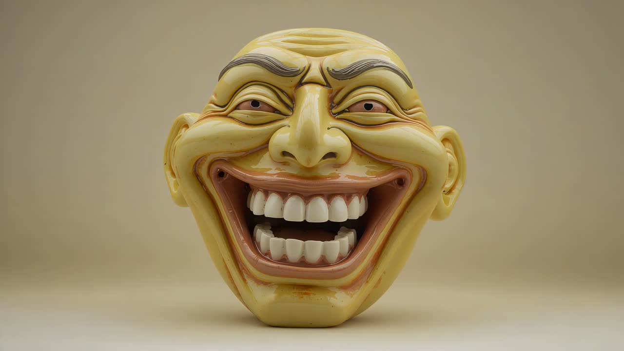Playing large yellow sculpted head showing jaw, lip, eyelid shifts on beige table to show teeth