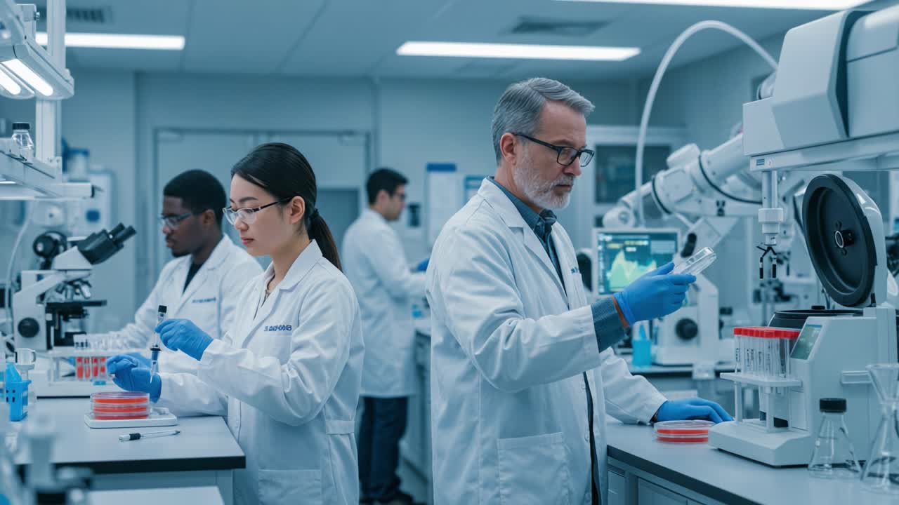 A Collaborative Scientific Environment: Researchers Conducting Experiments in a Modern Laboratory, Focusing on Innovation and Precision in the Pursuit of Knowledge